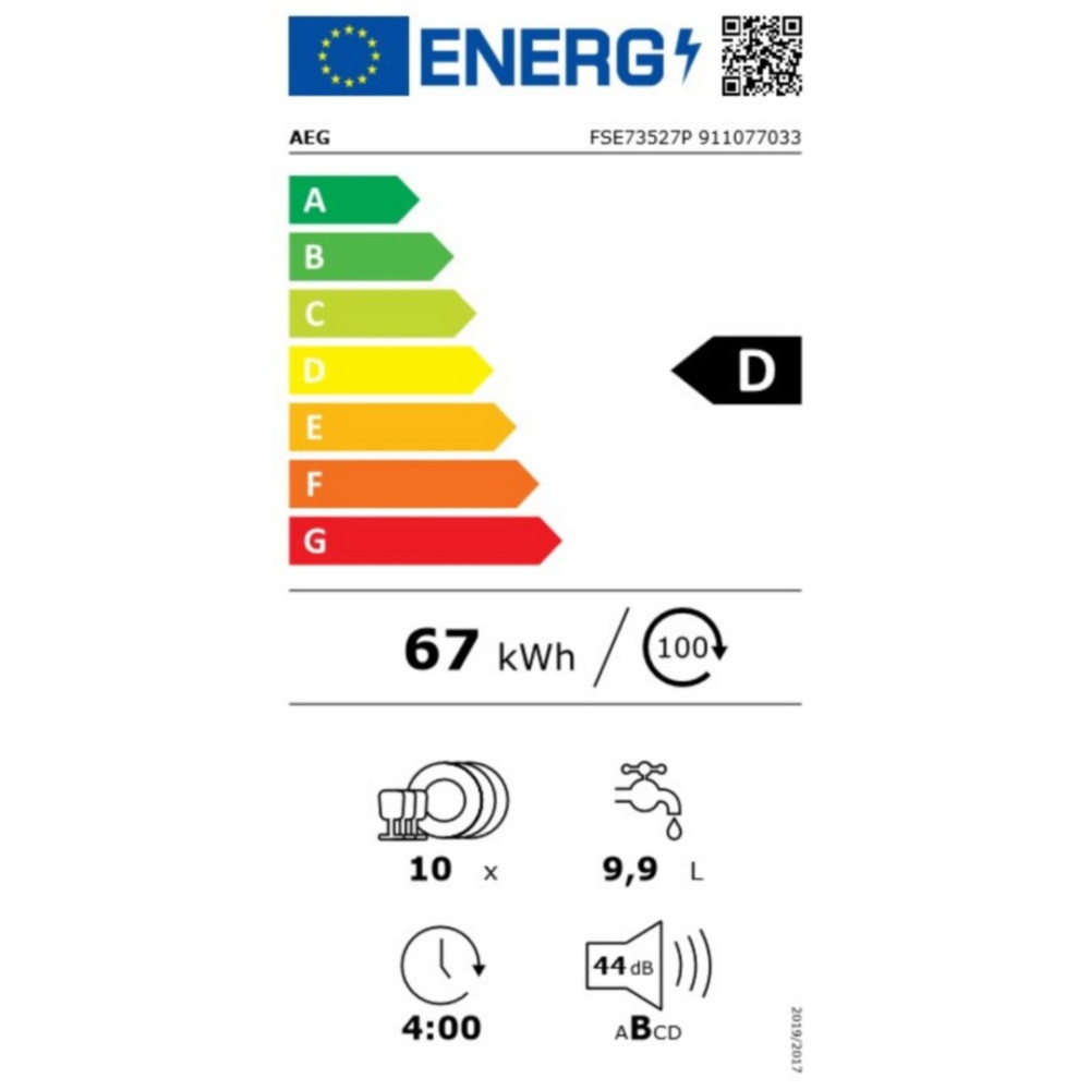 Εντοιχιζόμενο πλυντήριο πιάτων AEG FSE73527P, 10 σετ, 45cm,Λευκό  D 