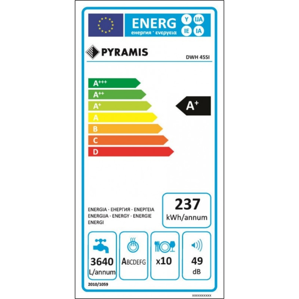 Pyramis DWH 45SI Εντοιχιζόμενο Πλυντήριο Πιάτων 45cm,A+ (inox μάσκα)